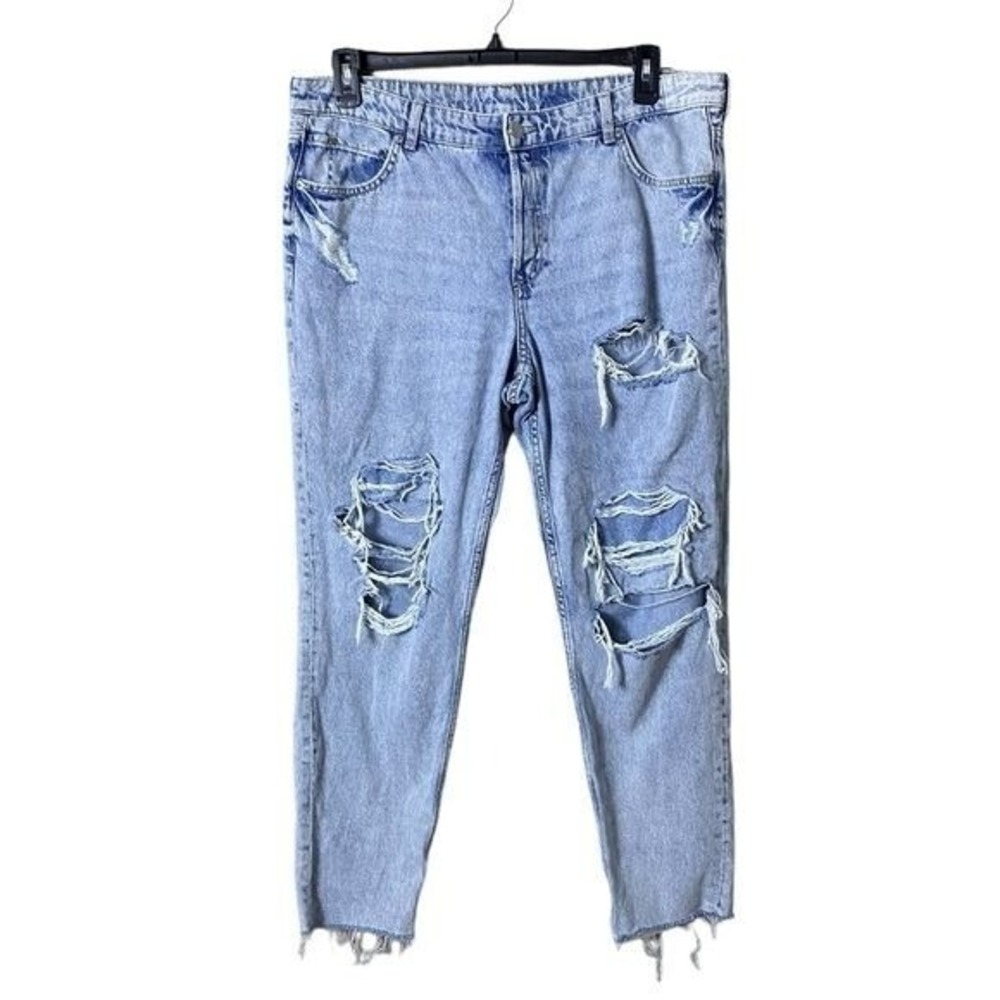 & Denim Women's Boyfriend Blue Jeans 14 Low-Rise Destroyed Baggy Y2K Faded 90s